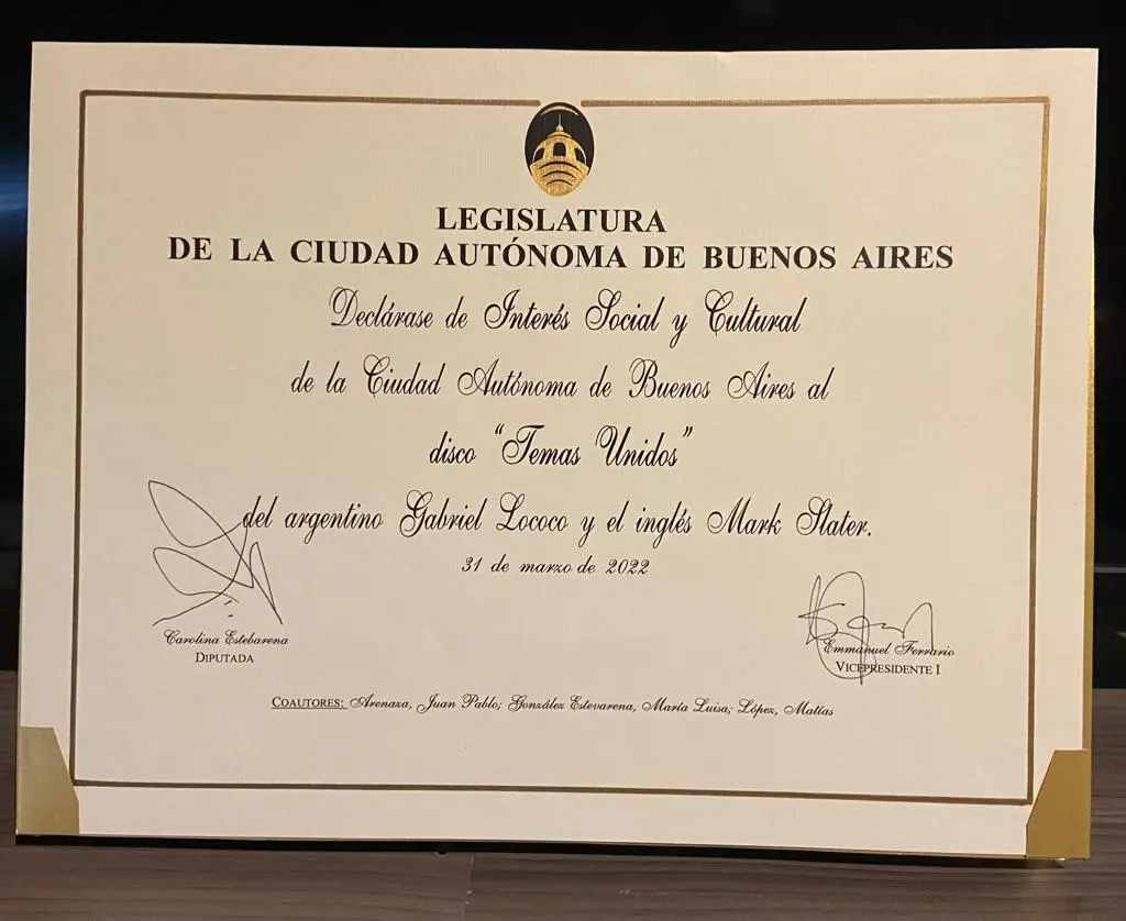 Temas Unidos: Certificate awarded by Buenos Aires Legislature