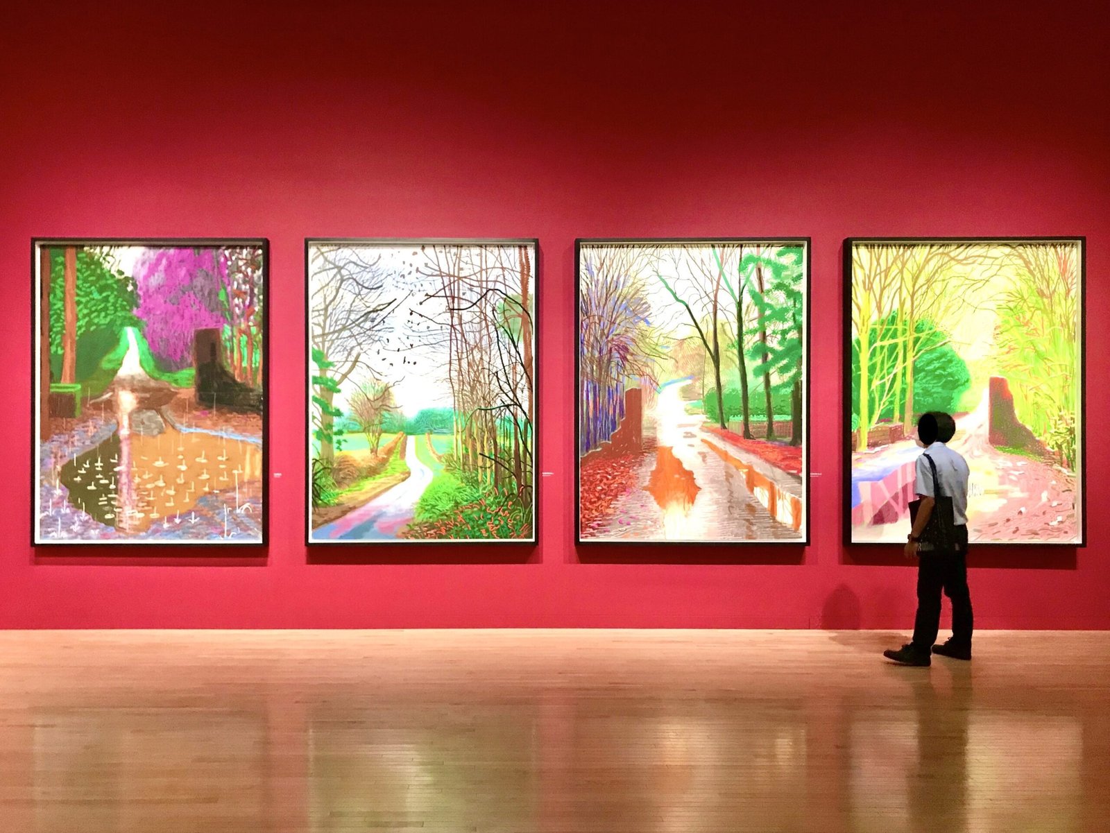 Installation view of the exhibition “David Hockney” at the Museum of Contemporary Art Tokyo, 2023. From the series The Arrival of Spring in Woldgate, East Yorkshire in 2011 (twenty eleven) The David Hockney Foundation © David Hockney, Photo: Alma Reyes
