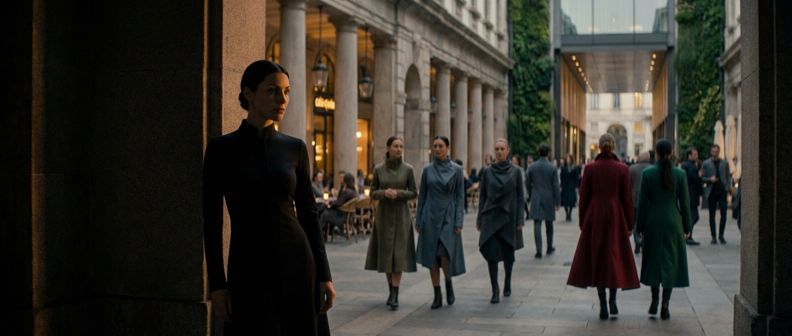 A near-future European plaza at dusk, from the novel in progress: a dark-dressed woman watches from the shadow of a colonnade