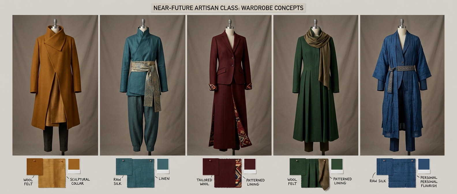 Concept sheet showing five richly coloured near-future artisan-class garments with pinned fabric and lining swatches