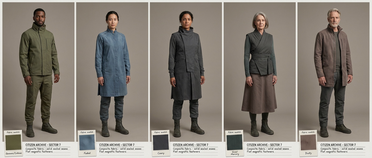 Archive-style concept sheet showing five citizens in muted practical near-future clothing with labelled fabric swatches