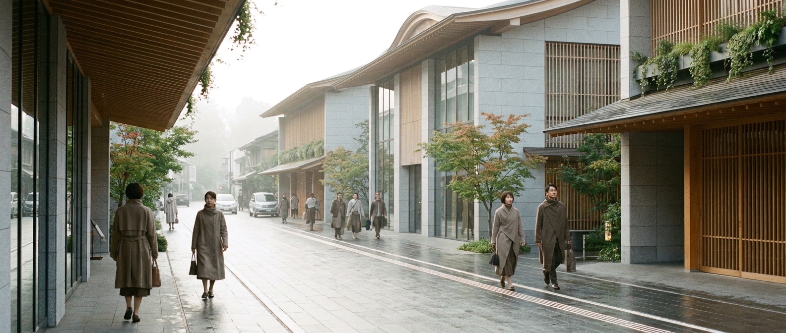 A quiet rain-wet Japanese street combining timber screens and planted modern buildings as people pass in muted clothing