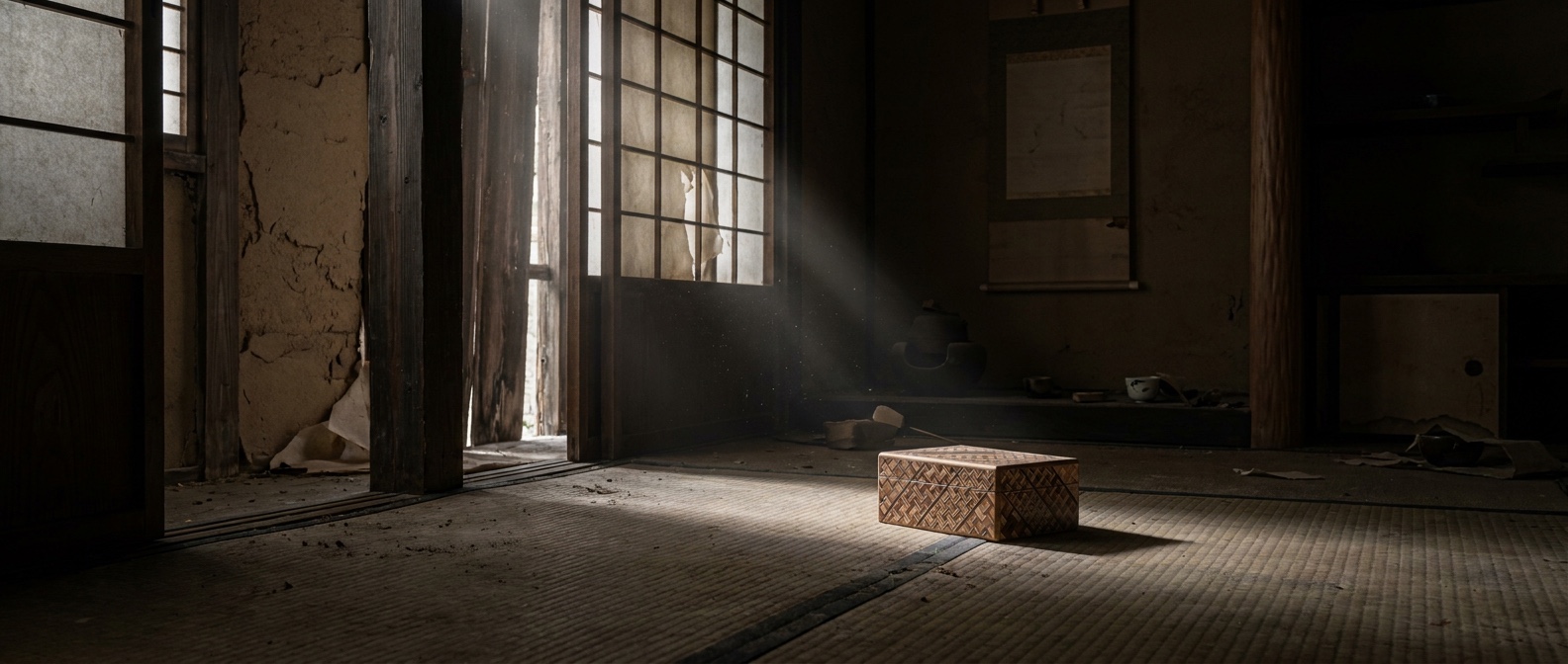 An abandoned Japanese tea room in deep shadow with a shaft of light falling across a small patterned wooden box