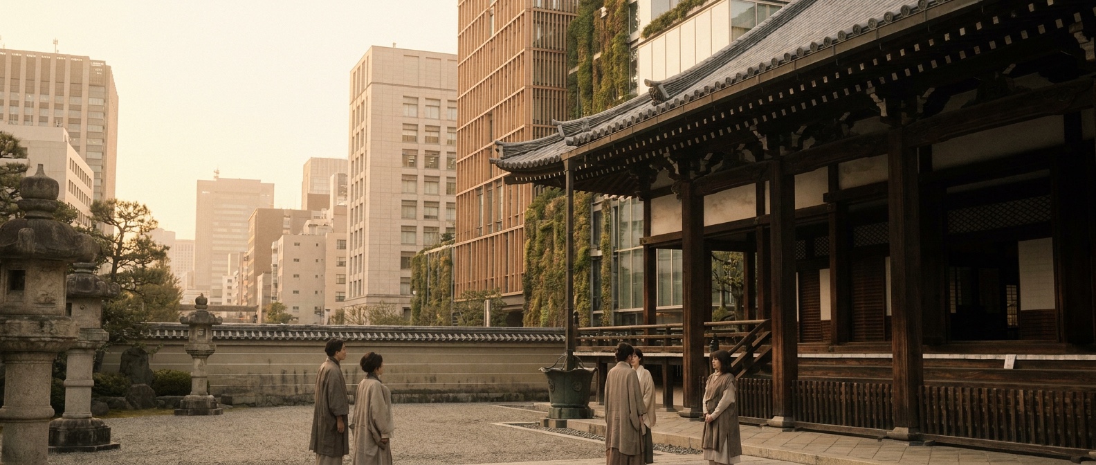 A traditional Japanese temple courtyard at warm dusk surrounded by restrained modern towers and planted facades