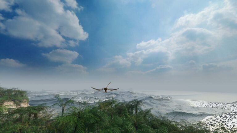 Rhamphorchynchus soaring over a Jurassic coastline