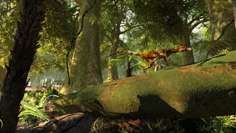 Sinosauropteryx hunting in the forest
