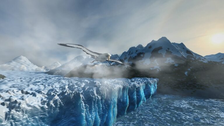 Albatross soaring over glacial landscapes