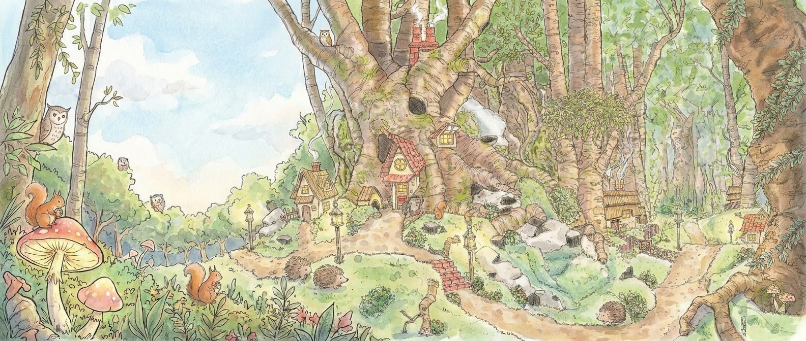 A watercolour woodland village of tiny houses nestled among the roots and branches of enormous trees, with squirrels, hedgehogs and owls along the paths