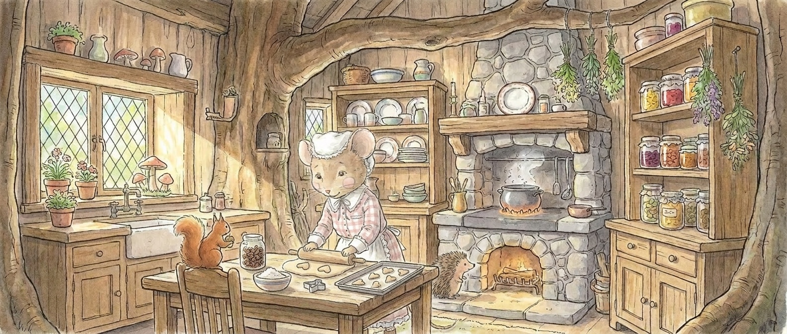 A warm watercolour kitchen built into a tree where a mouse rolls pastry beside a squirrel and hedgehog while herbs hang around the hearth