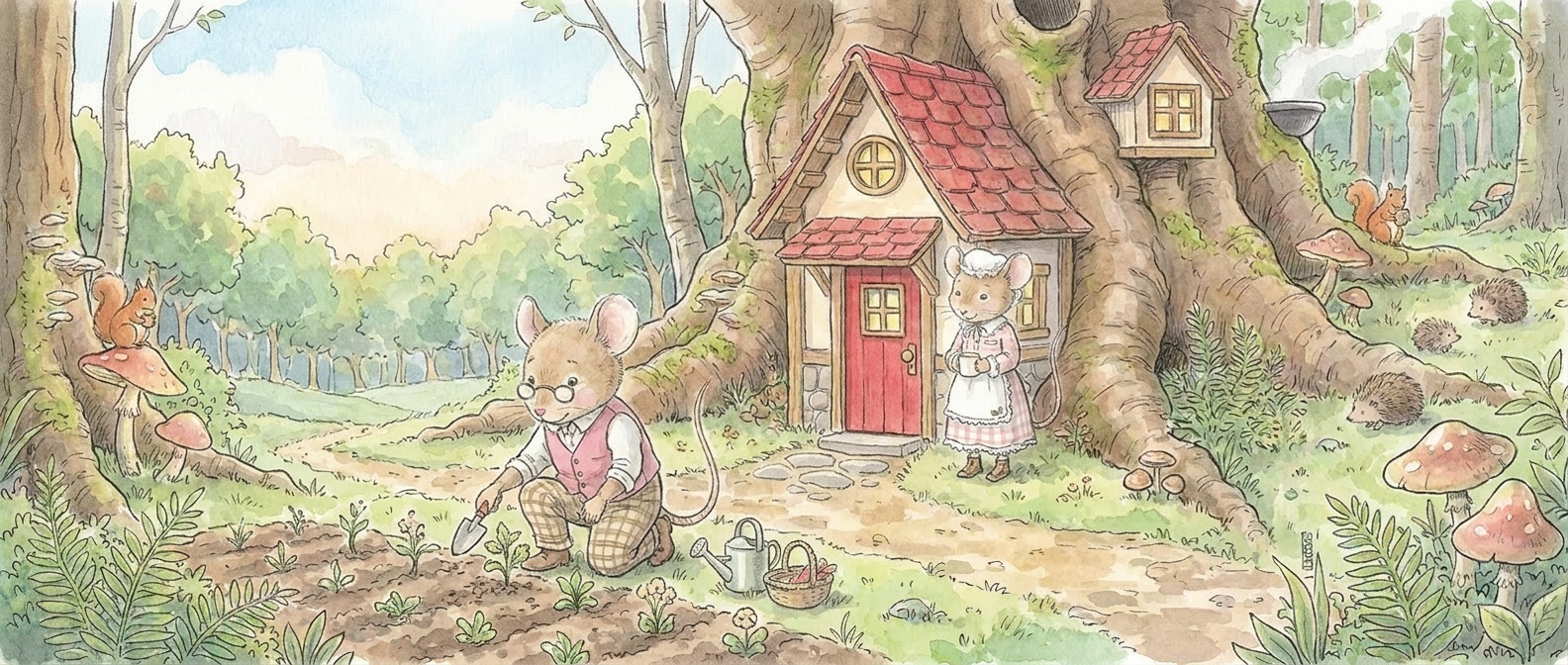 Two mice outside a red-roofed cottage built into an enormous tree, tending the garden among squirrels, hedgehogs and mushrooms