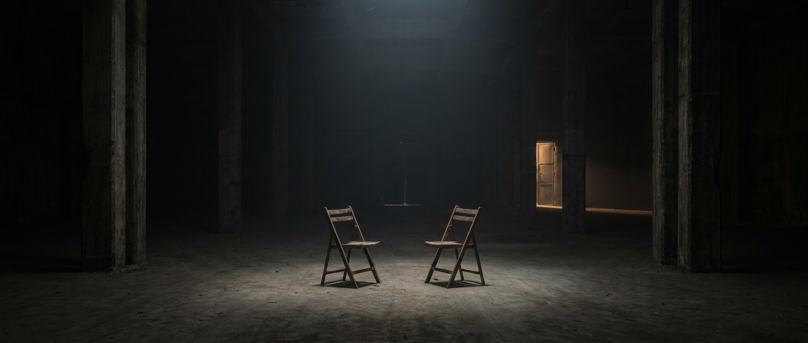 Two empty wooden chairs facing one another in a vast dark room, with a single warmly lit doorway beyond them