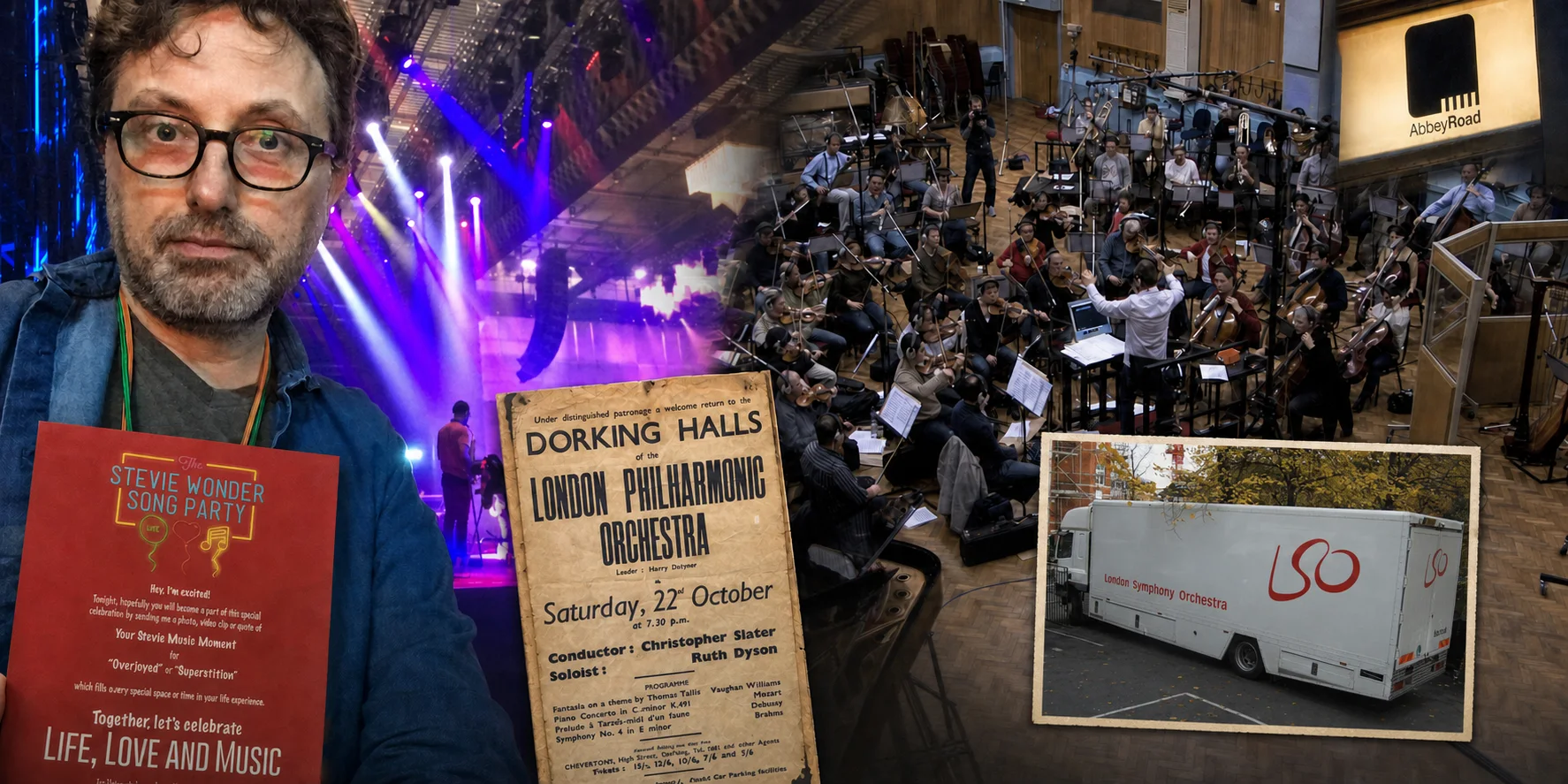 Mark Slater backstage on the Stevie Wonder tour and conducting an orchestra at Abbey Road, alongside personal music memorabilia