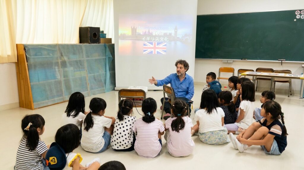 Mark Slater teaching an introduction to British culture to children at a Tokyo elementary school